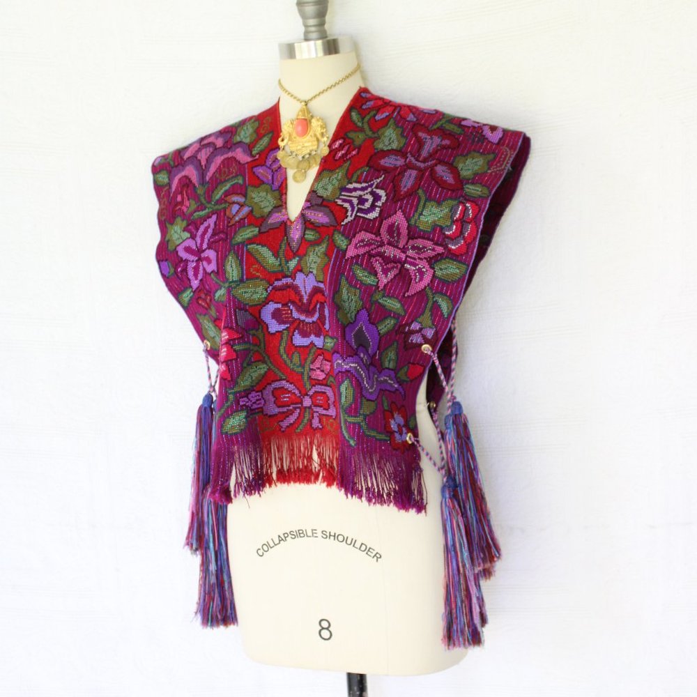 SOLD Vintage Needlepont tassel fringe woven ethnic floal aztec vest poncho - Picture 7 of 10